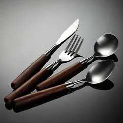 Stainless Steel Wooden Handle Cutlery Vintage Tableware Forks Spoons Knives Kitchen Tools