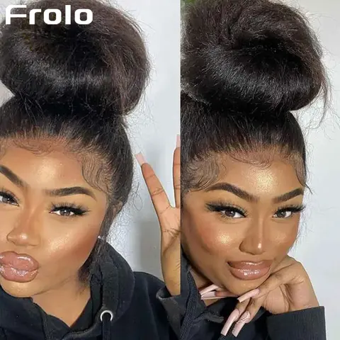Kinky Straight 360 HD Lace Frontal Wigs Brazilian Human Hair 220 Density Black 360 Full Lace Wig Invisible Drawstring For Women