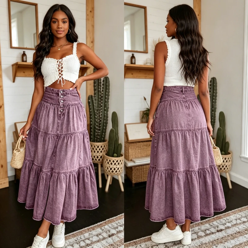 Long Skirt Women Vintage Denim Layered Cake Skirts Single Breasted High Waist Washed Distressed Female Bohemian 2026 A Line