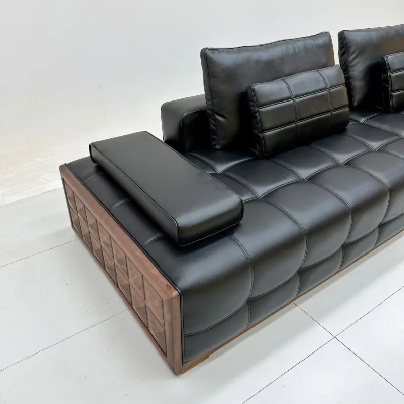 New Modern Medieval Solid Wood Black Lawrence First Layer Cowhide Straight Row Leather Sofa Walnut Leather Sofa
