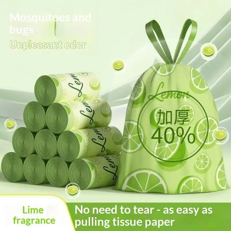 Thickened Disposable Garbage Bags Drawstring Lemon Scent 10-100 Sheets Tear Proof Waste Bags for Household Bathroom Kitchen