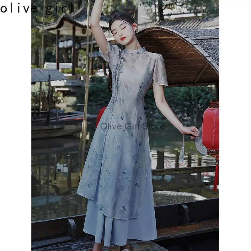 

Chinese Traditional Dress Improved Cheongsam for Young Girls Summer Tea Suit Two-piece Set Chinese Style Dress Dress Qipao