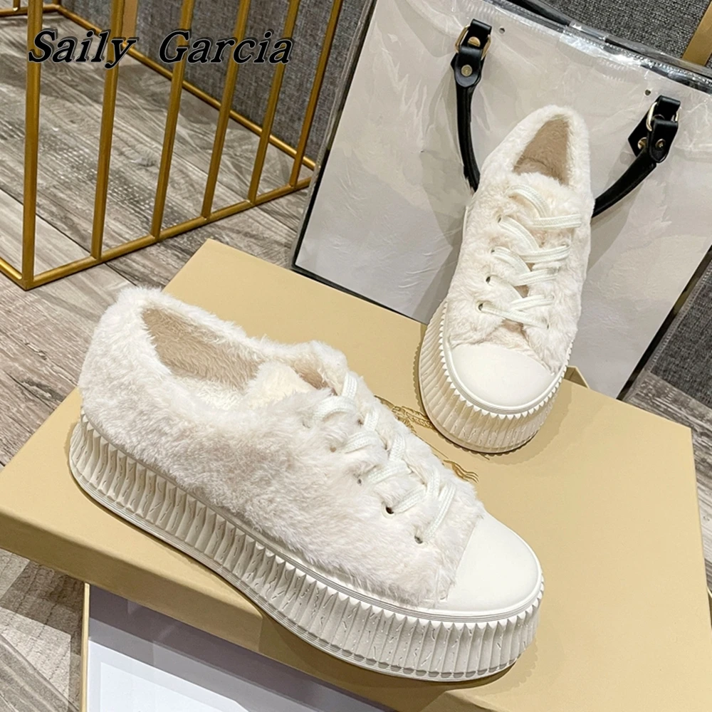 Round Toe Solid Fur Short Plush Lace Up Flat Shoes Winter New Waterproof Thick Sole Vulcanized Shoes Solid Casual Women Shoes