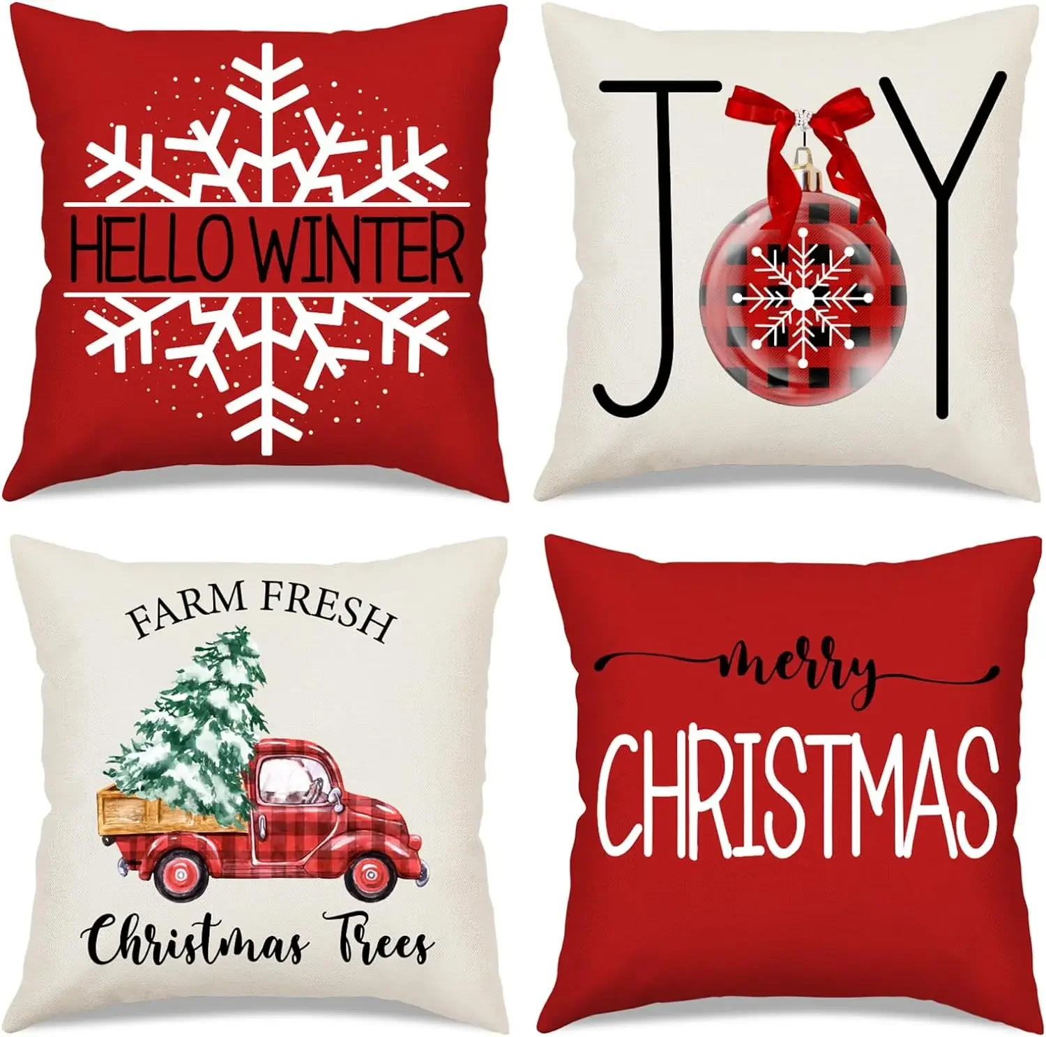 Merry Christmas Tree Truck Joy Snow Hello Winter Decorative Red Cushion Cover Farmhouse Christmas Pillow  Covers Holiday Home