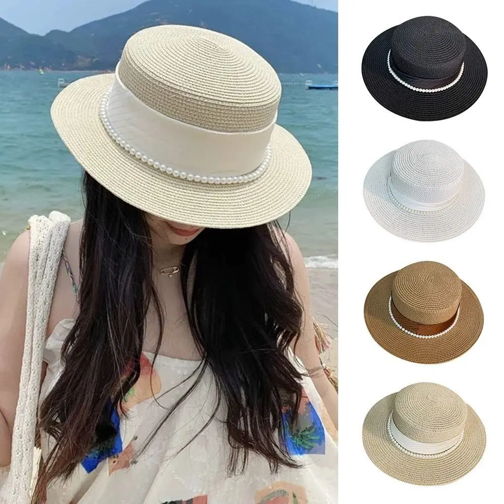 New French Hepburn Style Straw Hat Solid Color Straw Weaving Flat Sun Hat UV Protection Breathable Wide Brim Hat Summer Season