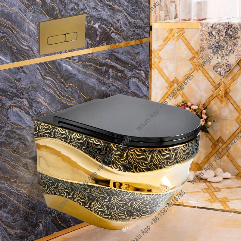 

Black and gold toilet hanging toilet, wall-mounted toilet, wall-mounted hidden water tank, horizontal toilet toilet seat