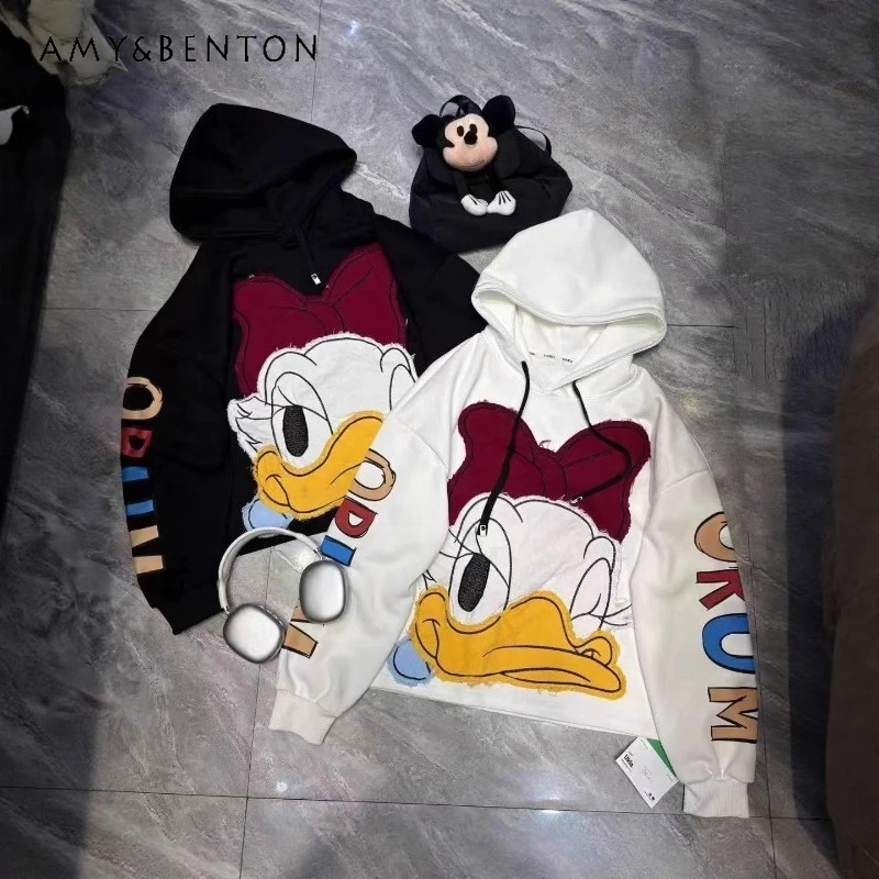 

European Style Short Oversized Kawaii Hoodies Women's Fashion Letter Personalized Patch Graffiti Loose Casual Hooded Sweatshirts