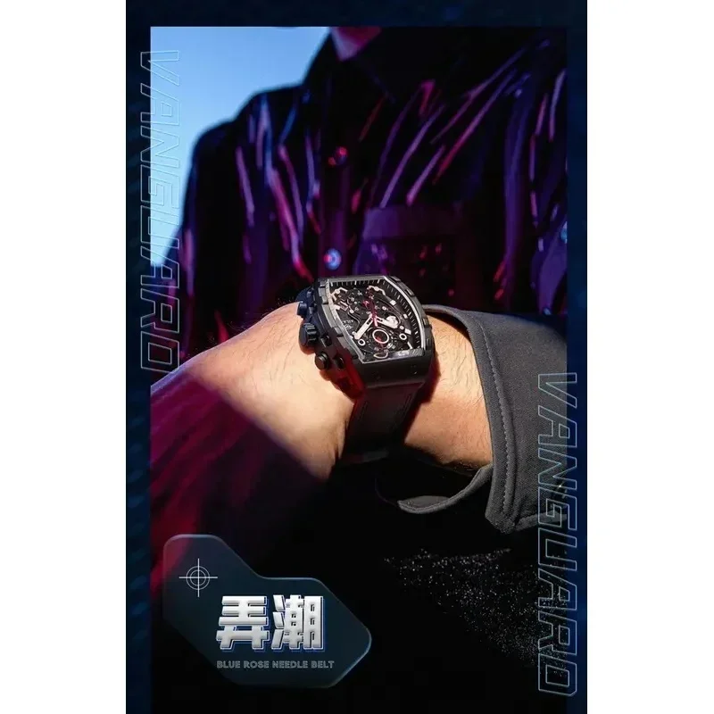 AILANG-8096 Men's Automatic Mechanical Watch Tonneau Skeleton Chronograph Dial Black Silicone Strap Sport Luminous Waterproof