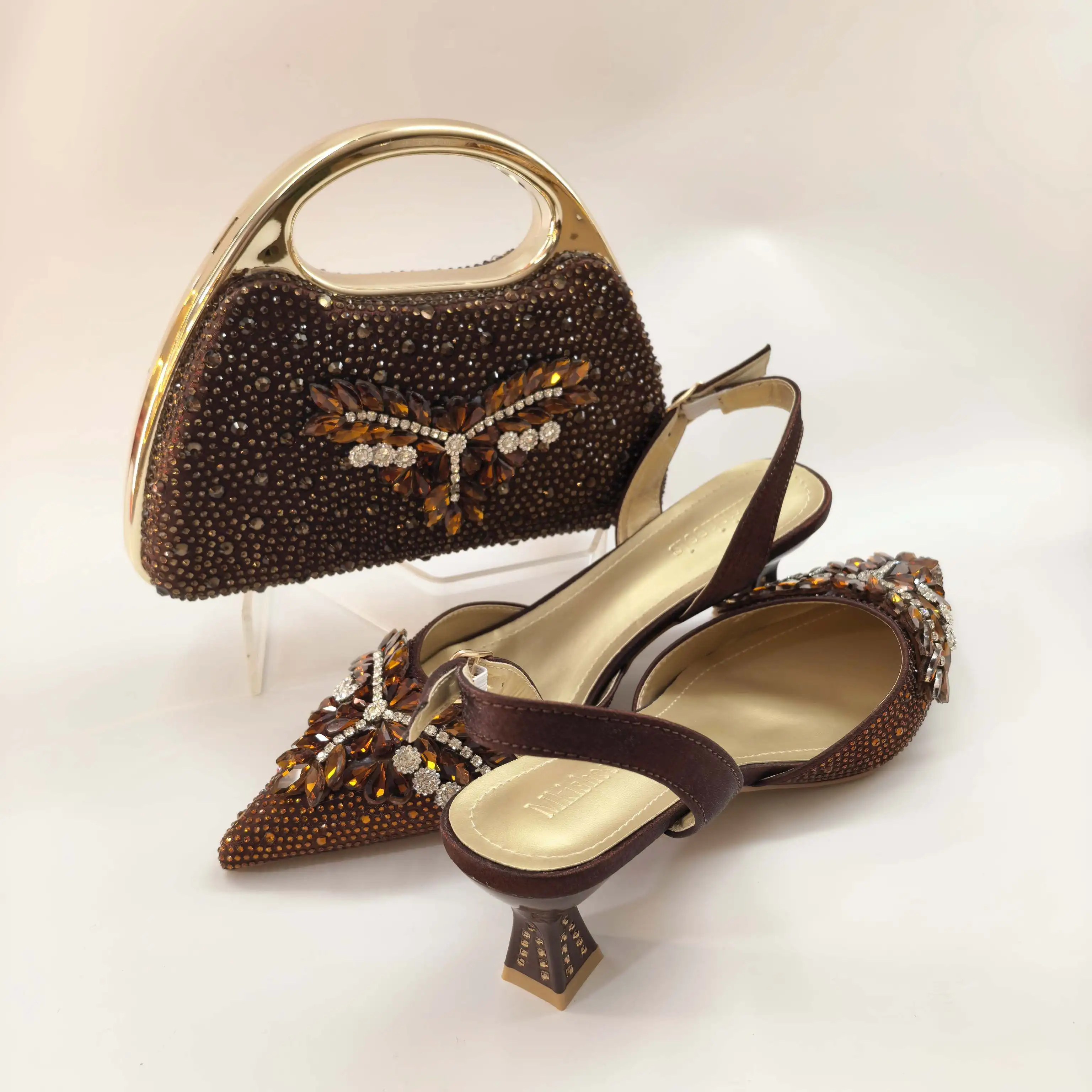 New Itlian Design Brown Color Rhinestone High Heel Shoe And Bag Fashion Style Pointed-Toe Shoes For Party Occasions