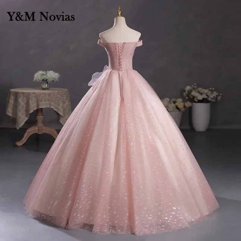 Y&m Novias Floral Print Shining Strapless Pink Quinceanera Dresses Ball Gown Flower Women Vestidos Debutantes 15 Anos plus Size