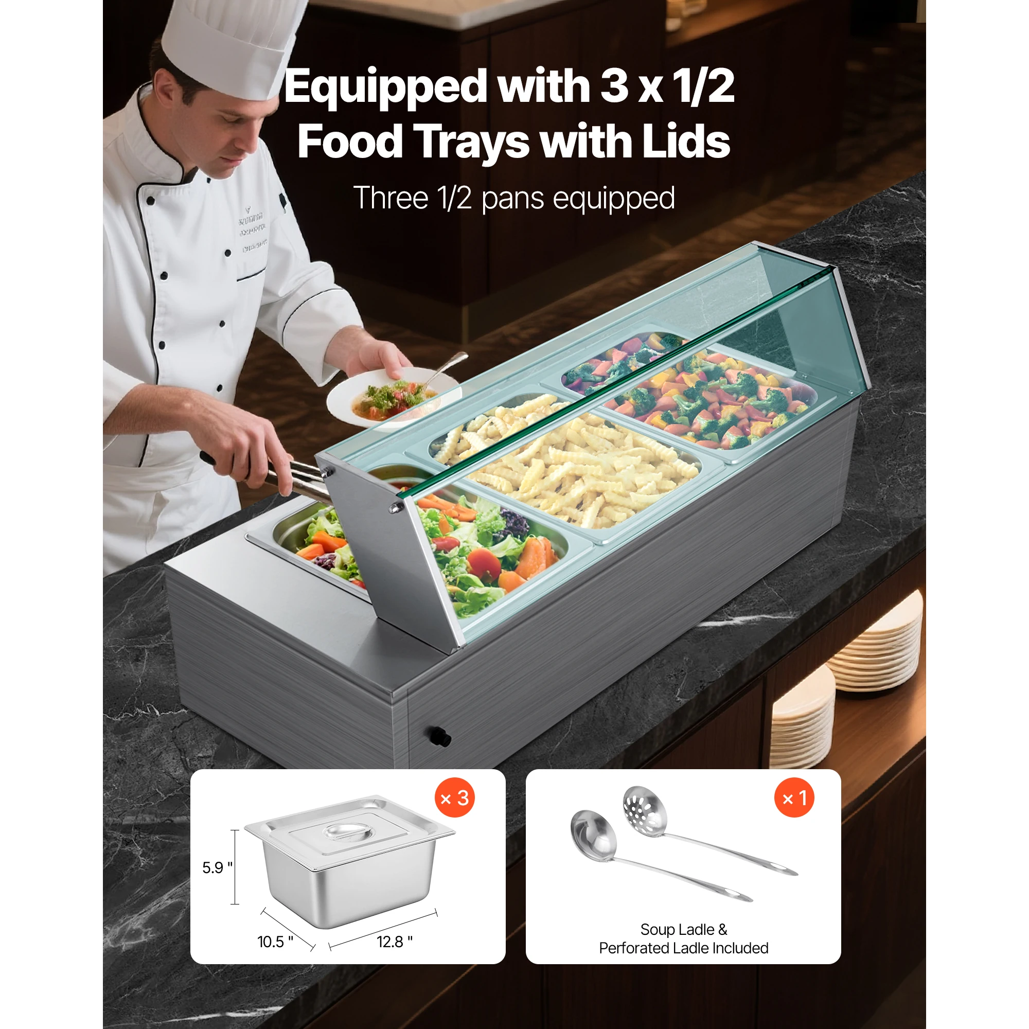 SucceBuy Commercial Food Warmer Electric Stainless Steel Steam Food Warmer with Glass Cover 3-Pan Countertop Buffet Bain Marie