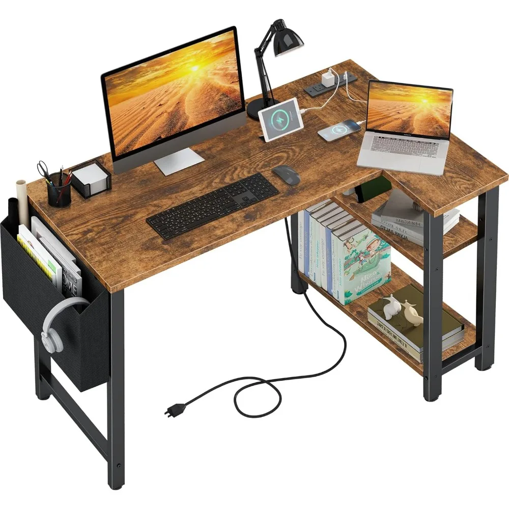 

Small L Shaped Desk with Power Outlet Shelves, 40 Inch Reversible Corner Desk for Small Space Home Office, L-Shaped Computer De