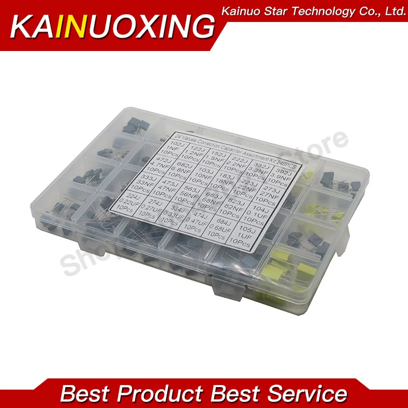 24values*10pcs=240pcs Correction Capacitor Assorted Kit 63V-100V 102J-105J Polypropylene Safety Plastic Film Capacitors
