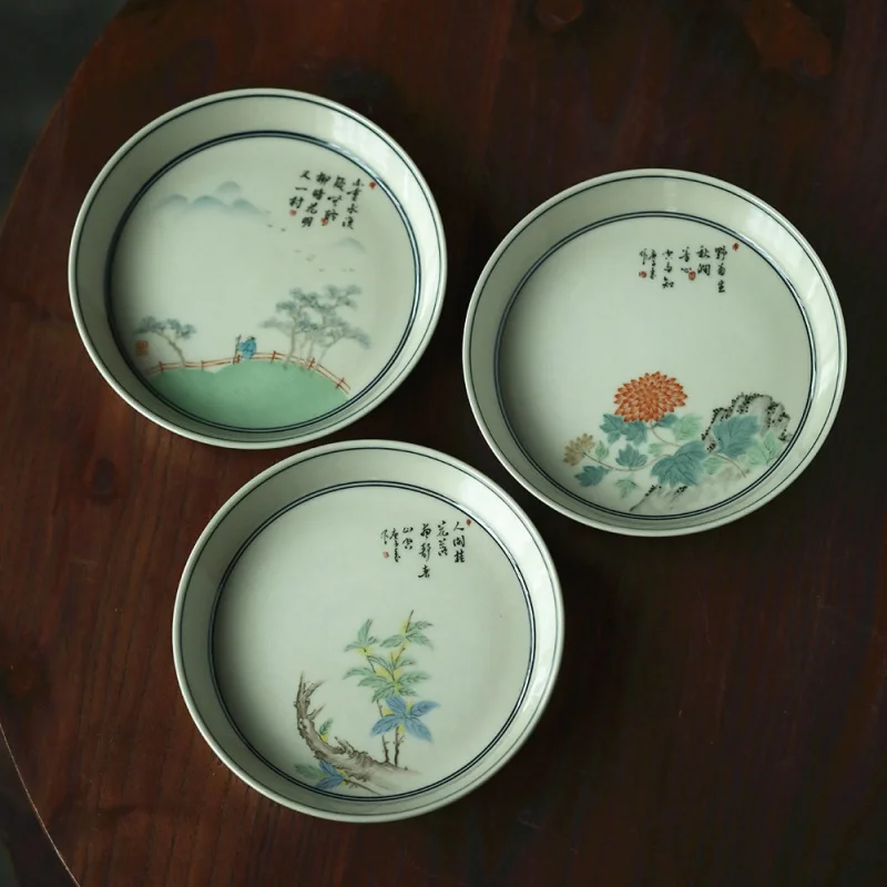 ★Grass and Wood Gray Vintage Hand-Painted Pot Tray Tea Table Household Kettle Mat Tea Pot Base Chinese Tea Set Fruit Tray Saucer