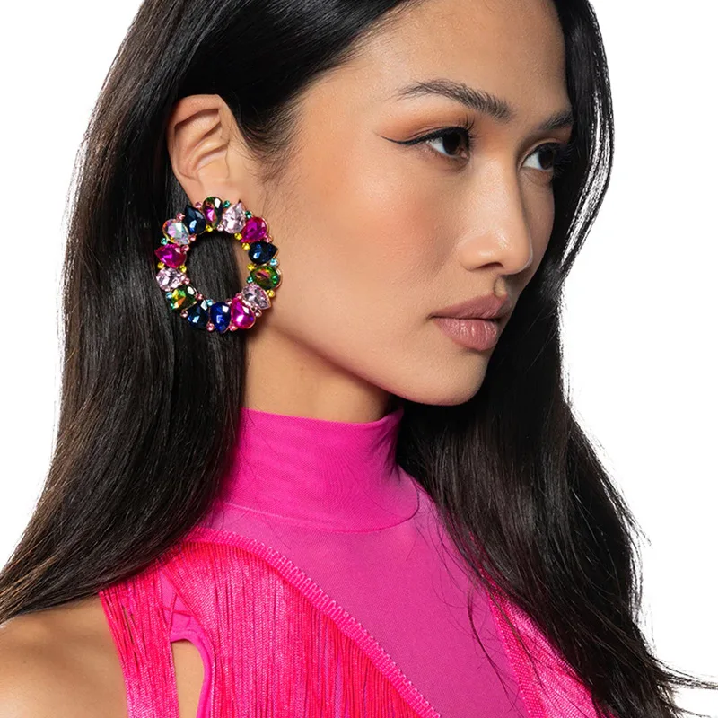 New round colored earrings fashion rhinestone stud earrings super flash street accessories women's earrings