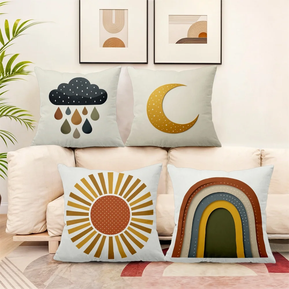 4-Piece Nursery Throw Pillow Set: Cloud Rain, Crescent Moon, Sunburst, and Rainbow Decor for Nursery Room