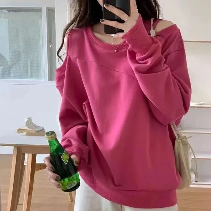 New Spring and Autumn Fashion Trend Off Shoulder Hanging Neck Solid Color Versatile Loose Size Casual Style Women\'s Sweater