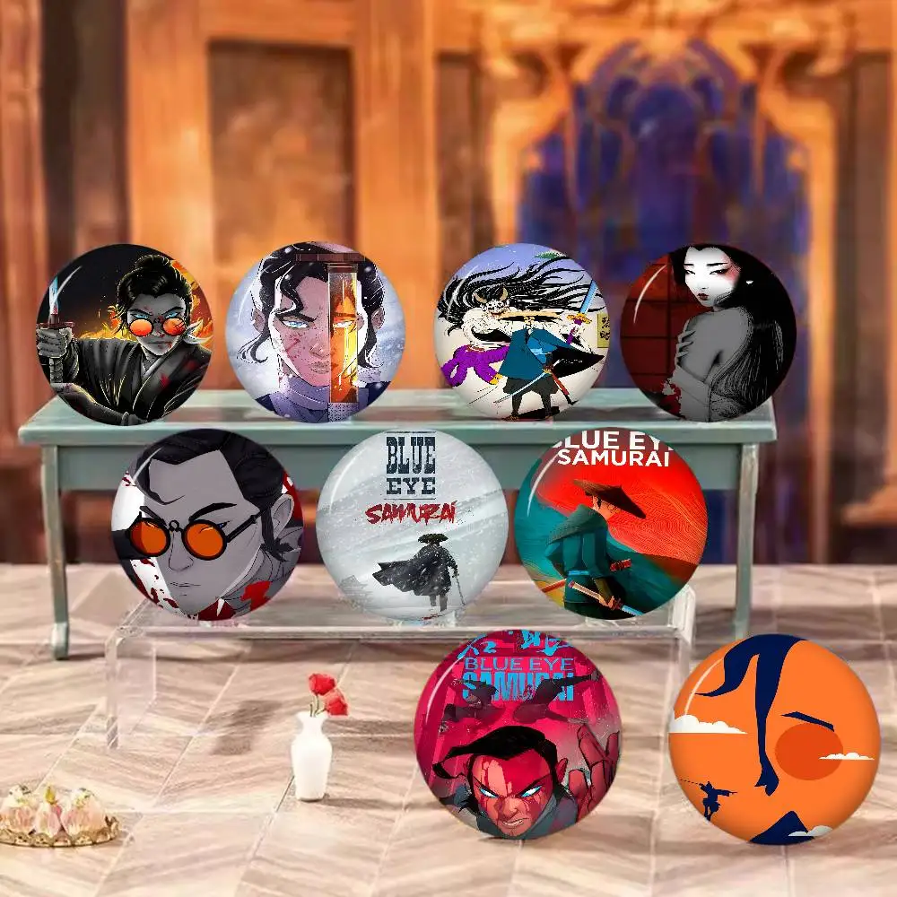 Broches Redondos de Dibujos Animados B-Blue E-Eye S-Samurai de 32/44/58 mm, Pines Hechos a Mano para Mochilas, Accesorios de Joyería, Regalos, Insignia Creativa