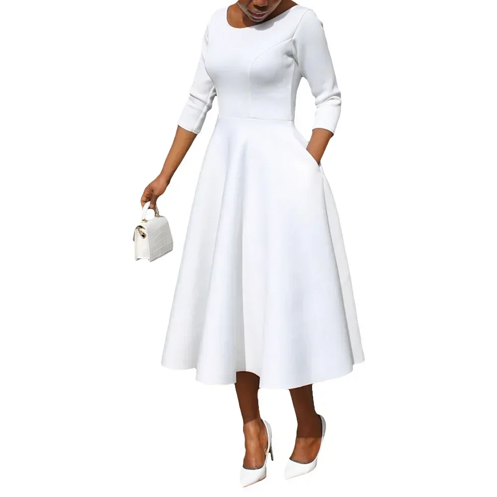 Dashiki 2023, африканская одежда, осенняя мода, африканское однотонное вечернее платье миди с рукавами 3/4 и круглым вырезом, африканские халаты