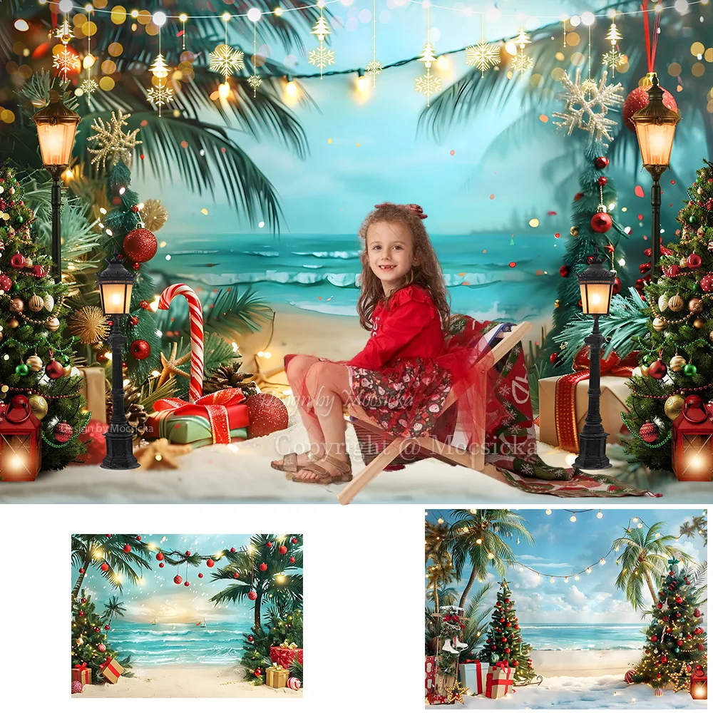 Photography Background Summer Beach Christmas Gift Blue Sea Backdrop Street Lights Beach Decor Family Portrait Photozone Studio