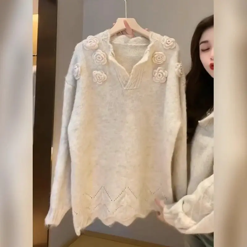 Autumn Winter Women Stylish 3D Flower Chic Soft Knitted Sweater Casual Streetwear Hollow V Neck Long Sleeve Loose Pullover Tops