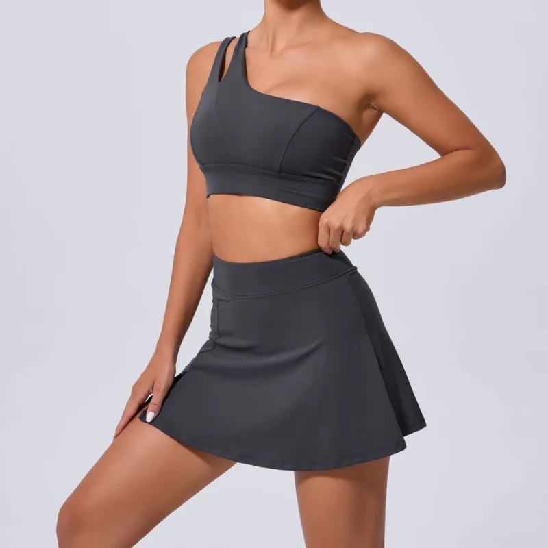 

Oblique Shoulder Open Back Bra Pocket Skirt Yoga Sports Fitness Sets Fitness Running Outdoors Sexy Tennis Sports Suits for Women