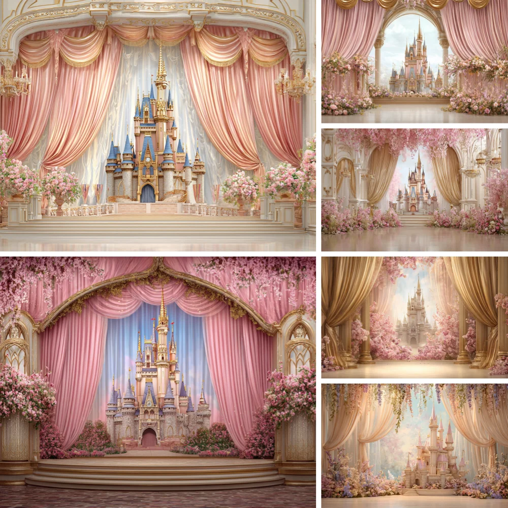 

Flowers Castle Photography Backdrop Birthday Party Baby Kids Portrait Princess Girl Portrait Photo Background Photostudio Prop
