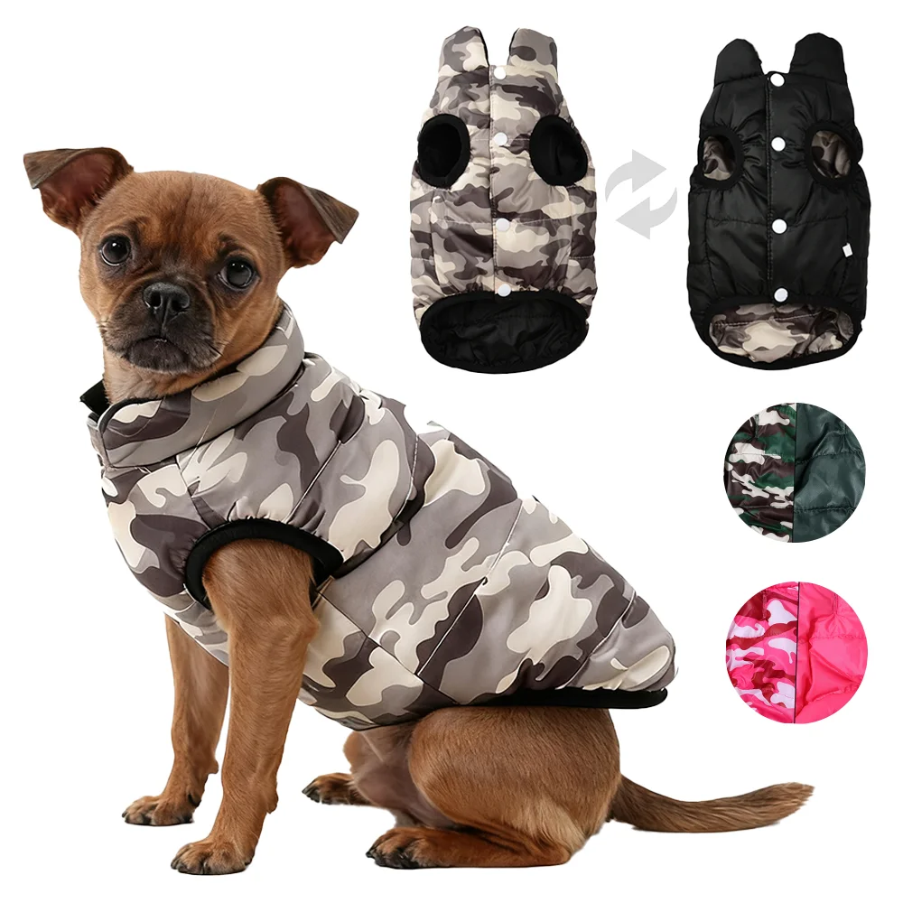 Hundekleidung mit Tarnmuster für kleine und mittelgroße Hunde, warme, wendbare Winterjacke für Haustiere mit Leinenloch, winddichter Yorkshire-Mantel