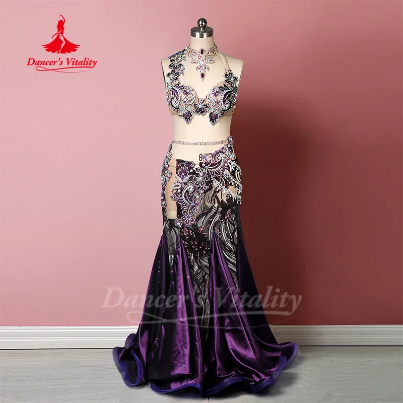 

Костюм для танца живота, высококачественный бюстгальтер с камнями AB для пожилых людей + сексуальная длинная юбка «рыбий хвост», 2 предмета, одежда для соревнований для взрослых и детей