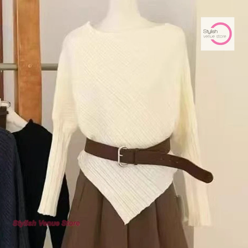 

Korean style irregular coffee color diagonal shoulder long-sleeved sweater women's autumn sweater design sense temperament top