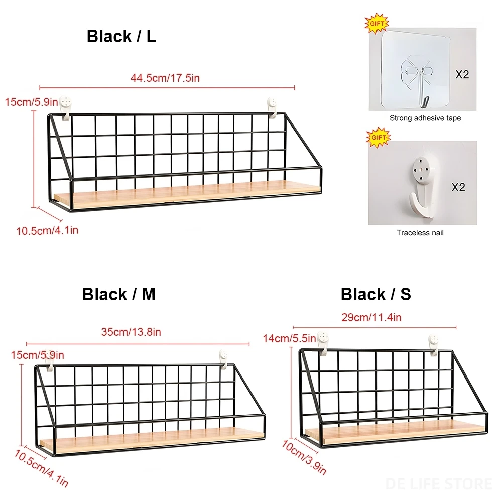 Wood & Iron Wall Shelves Without Drilling Floating Wall Shelf Hanging Organizer For Living Room Bedroom Storage Rack Decoration images - 6