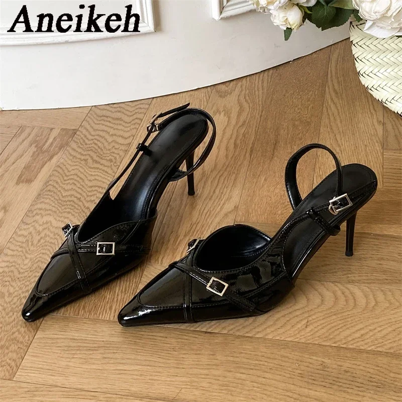 Aneikeh 2025 zapatos de tacón con hebilla para mujer, moda de primavera, tacones finos, puntiagudos, zapatos de fiesta elegantes, boda, negro