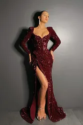 Plunging Evening Dresses Sequined Glitters Mermaid Cap Full Sleeves High Slit Long Sweep Train Women Formal Party Prom Gowns