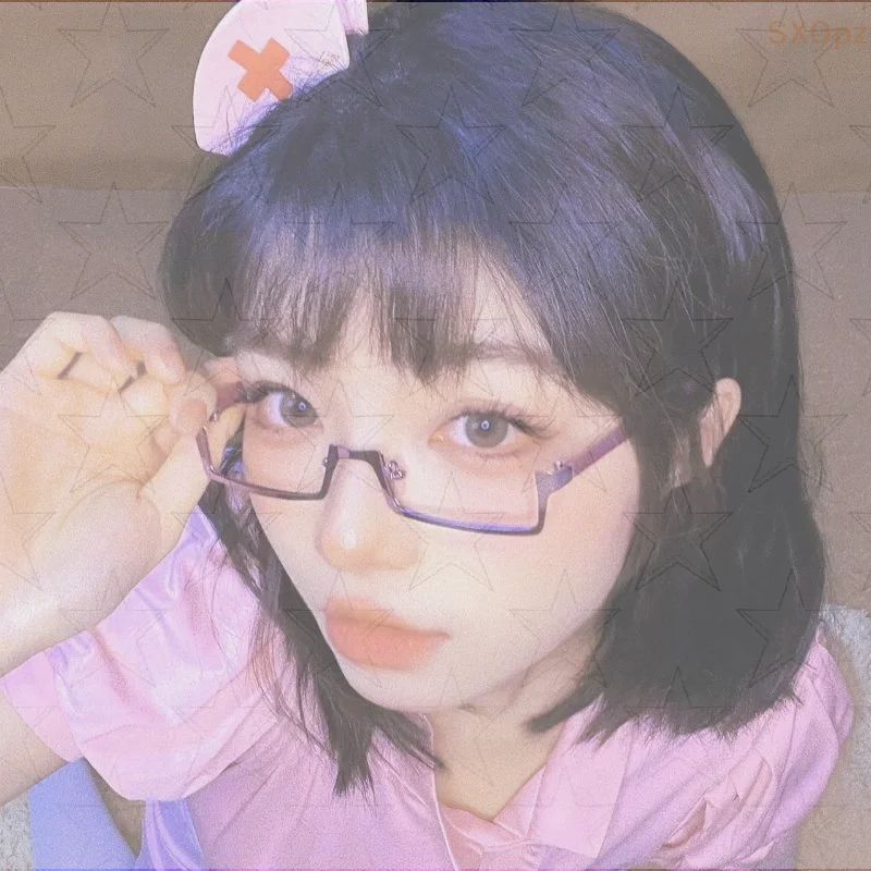 Y2K انمي ياباني نظارات إطار صغير مربع تأثيري الأحمر نصف إطار نظارات لا العدسات موضة المعادن مستطيلة النظارات #1