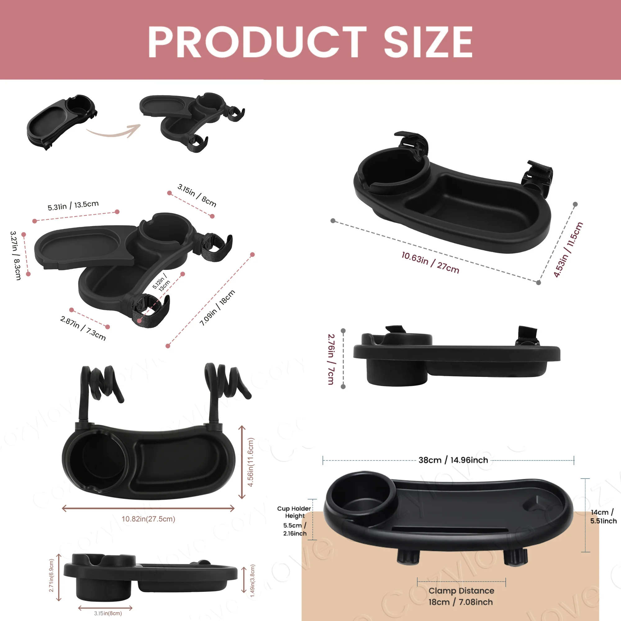 Baby Stroller Snack Tray with Cup Holder, Universal Detachable Stroller Console Tray, Adjustable Clip On Stroller Food & Drink