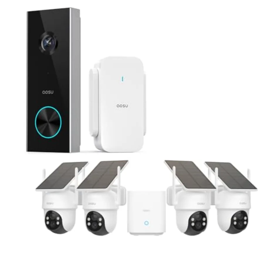 

Outdoor solar security camera kit: 4 wireless 2K cameras + doorbell, weatherproof ABS housing, black finish, subscription-free
