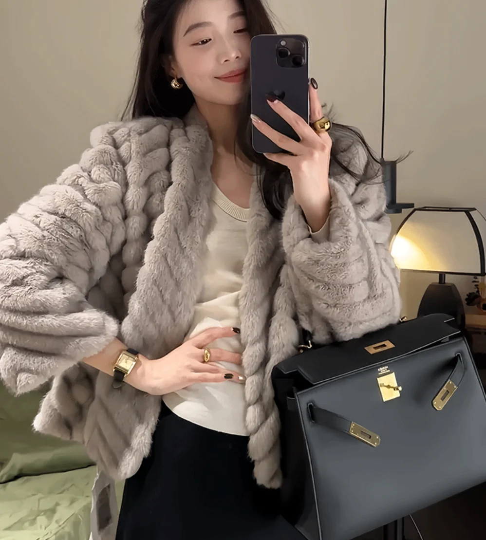 Elegant V Neck Herringbone Short Faux Mink Fur Jacket Women Long Sleeve Plush Jackets Woman Autumn Winter Fluffy Warm Outerwear