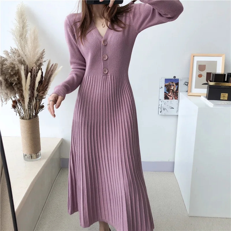 Temperament New Woman Clothing Long Sleeve Pullovers Tops Slim Middle-long Women's Sweater Dress V Neck Knitwear Jumper Female