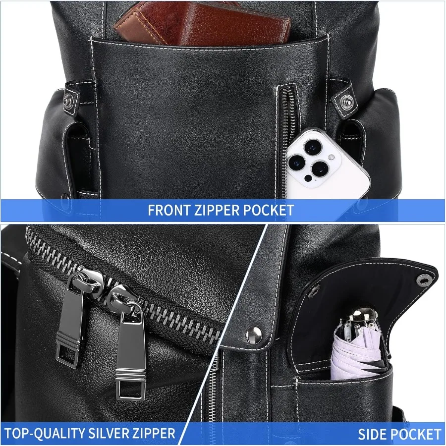 حقيبة ظهر من الجلد الطبيعي من نابا للرجال متعددة الوظائف مقاس 15 بوصة للكمبيوتر المحمول باللون الأسود حقيبة ظهر كاجوال للسفر حقيبة ظهر للعمل #4