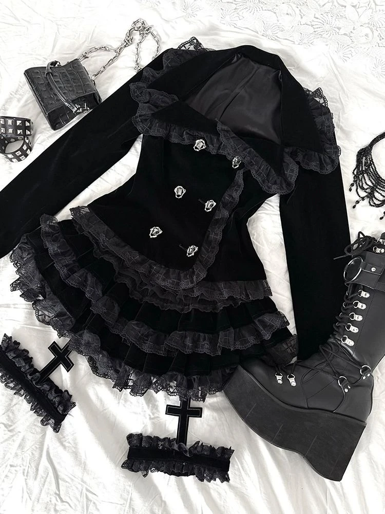 Y2k Aesthetic French Court Style 2 Piece Set Women Vintage Double-Breasted Lace Cross Coat + Skirt Harajuku Gothic Black Outfits
