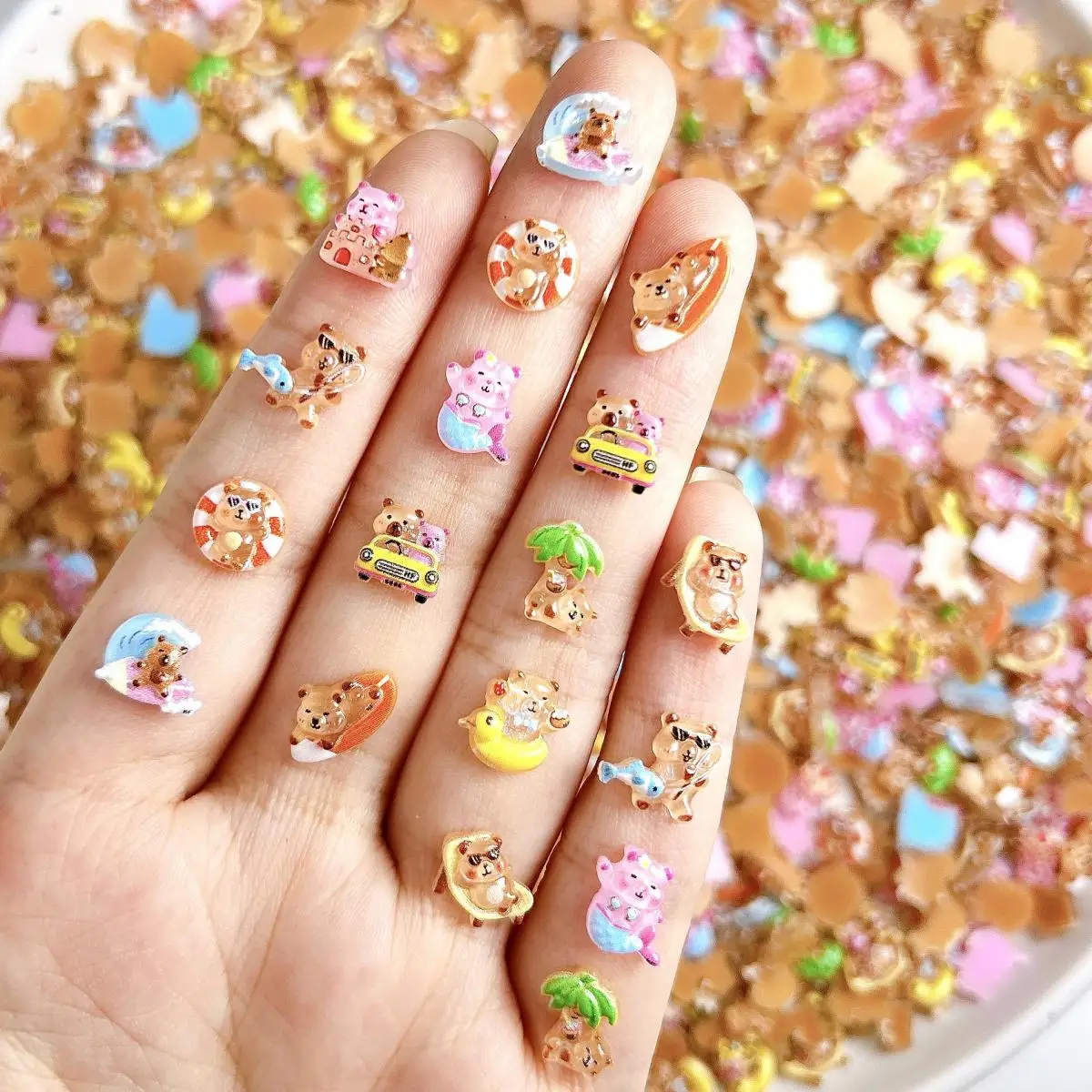 

Adorable Funny Skateboard Castle Bear Resin Nail Charms 3D Creative Duck Guinea Pig Beach Series Nail Art Decorations for DIY