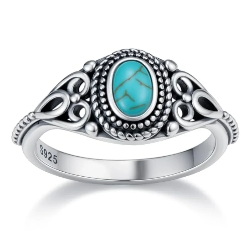 

Vintage 925 Silver Oval Turquoise 8*10MM Symmetrical Hollow Circle Ring Body Wheat Sheaf Pattern Elegant Style Jewelry For Wome