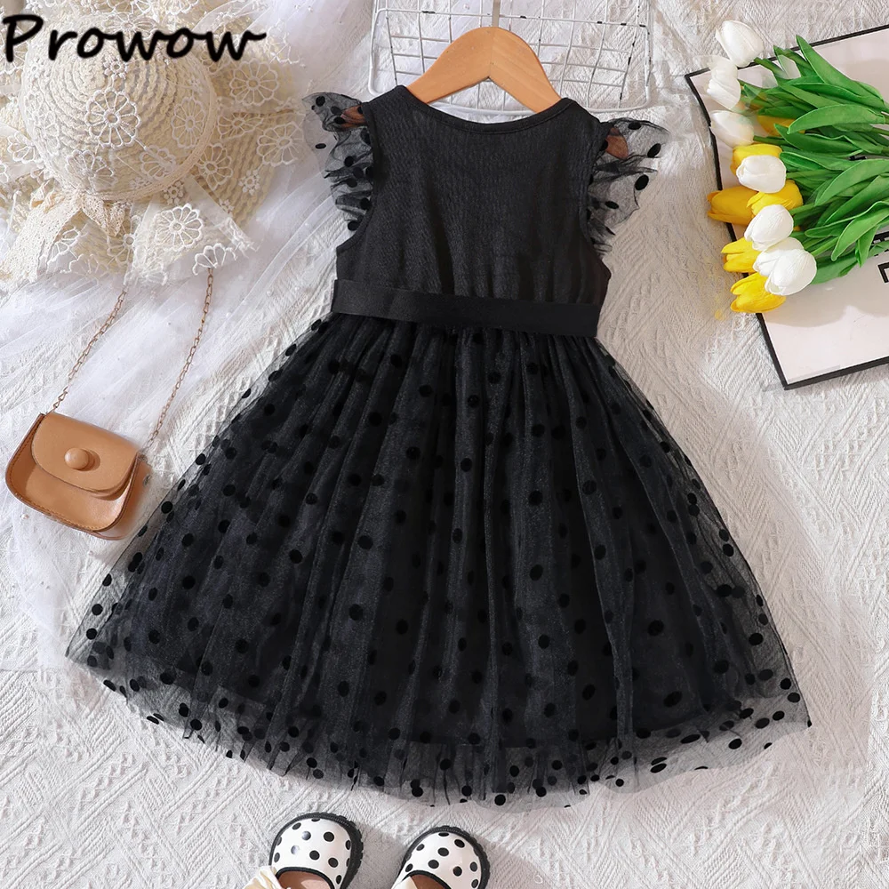 Prowow Girls Black Dresses Lace Sleeve Dots Mesh Princess Dress For Girls Summer Birthday Party
