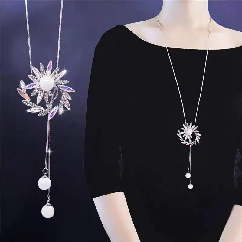 

New Crystal Flower Pendant Necklace for Women Simulated Pearl Long Necklaces Jewelry Ladies Sweater Chain Clothes Accessory