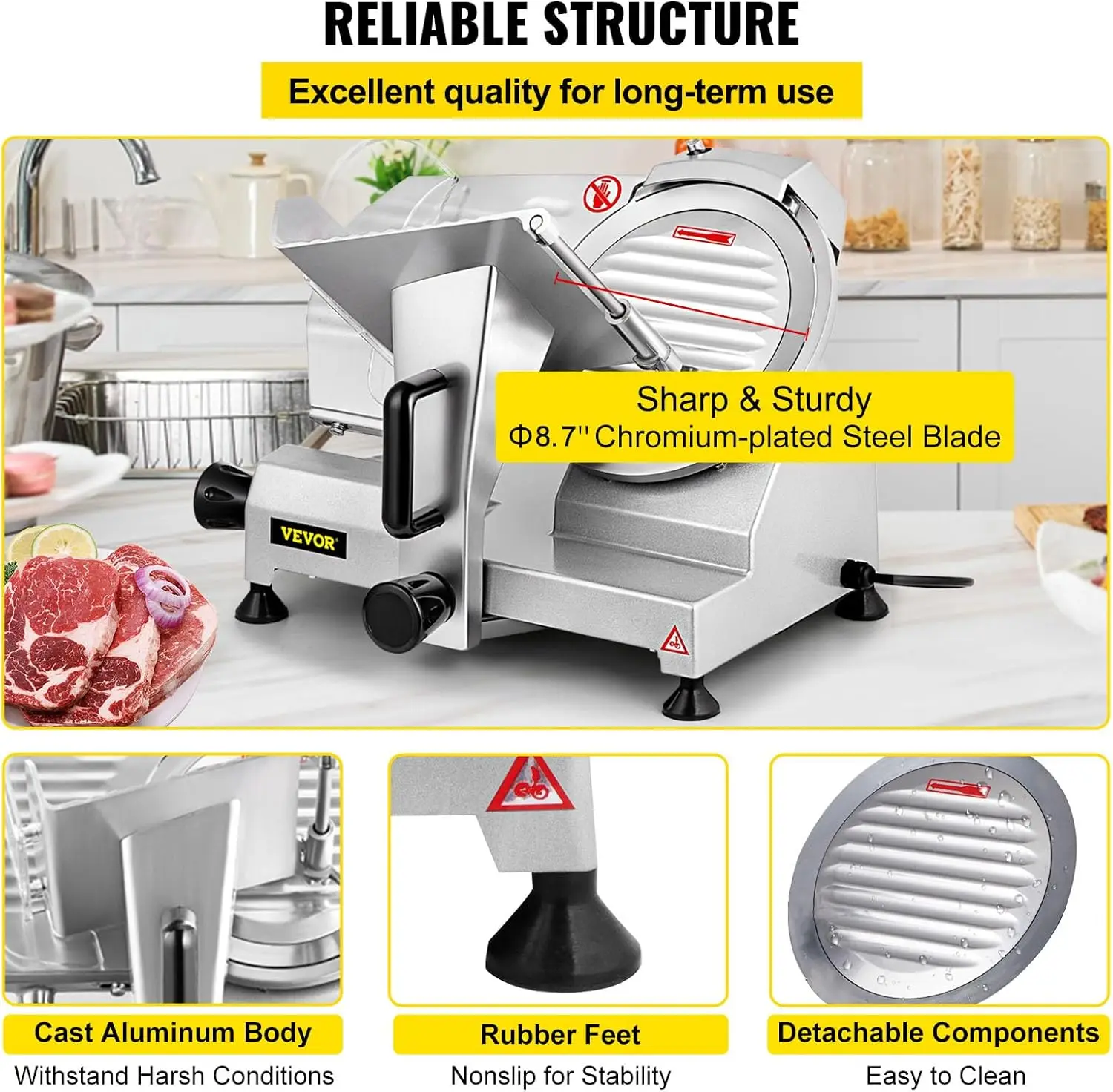 قطاعة لحوم كهربائية تجارية ، قطاعة طعام لذيذة ، شفرة فولاذية مطلية بالكروم ، من 0 إلى 12: 50