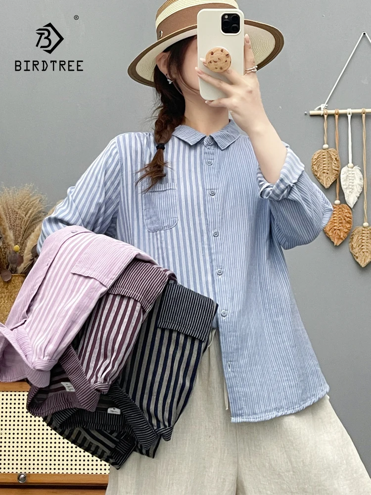 

New 2026 Summer Women Cotton Yarn Long Sleeve Shirt, Turn-down Collar Striped, Mori Girl Design Sense Thin Loose Blouse T64387CC