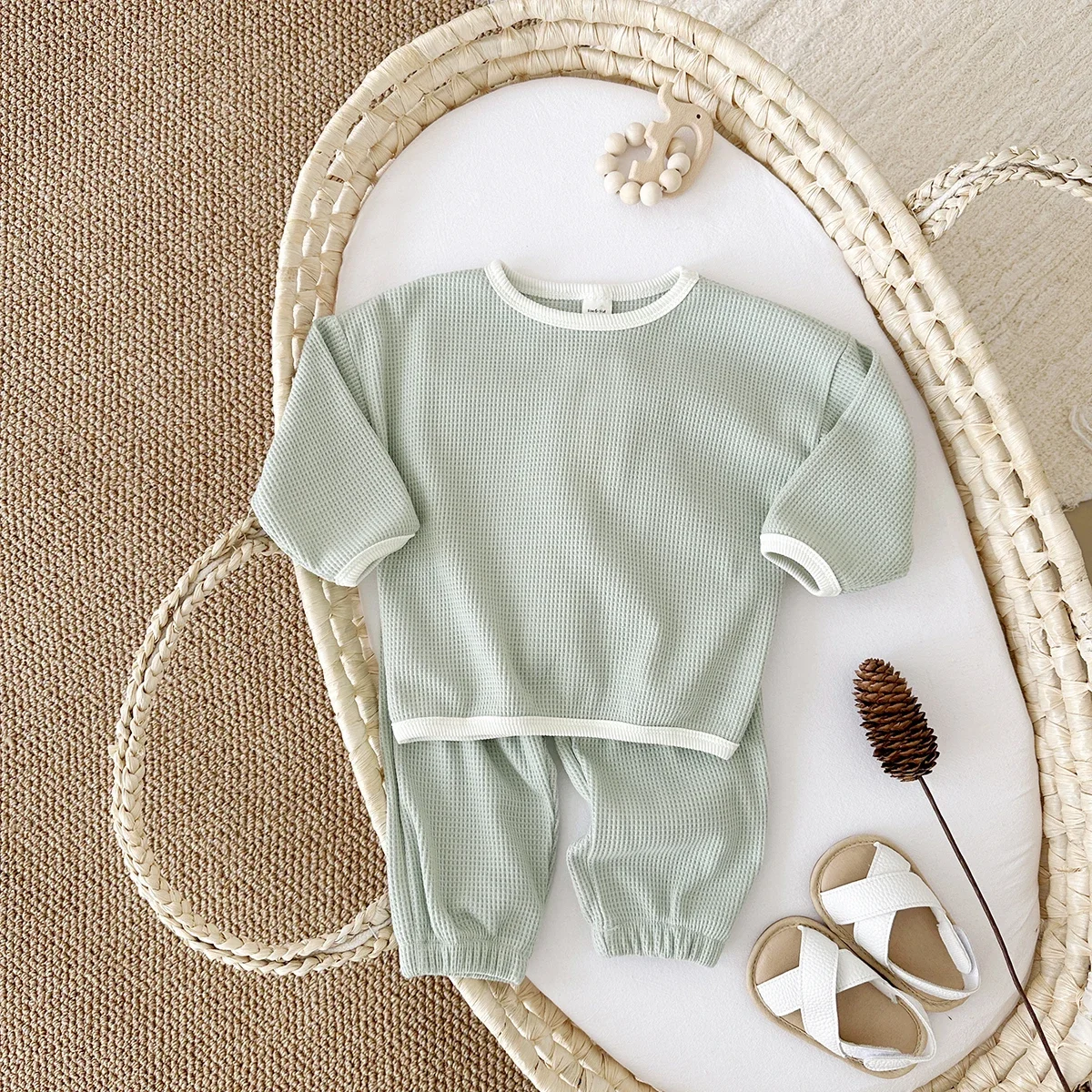 Toddler Boys Girls Solid Outfit Waffle Knit Contrast Trim Long Sleeve Shirt Jogger Pants Unisex Kids Spring Daily Tracksuit