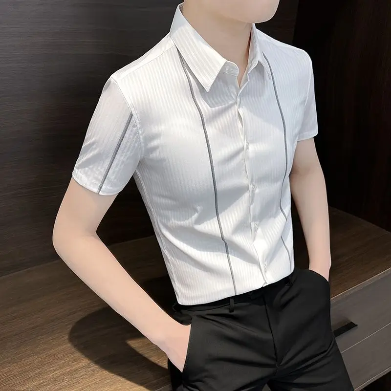 2026 New Men's Casual Shirt Slim Fit Striped Short Sleeve Summer Fashion Lightweight Breathable Top Designer Style Blouse