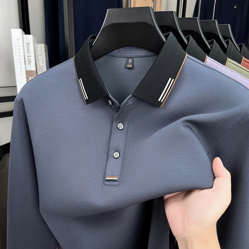 Light luxury fashion men's long sleeve polo shirt high-quality casual Korean style autumn new trend color blocked lapel T-shirt