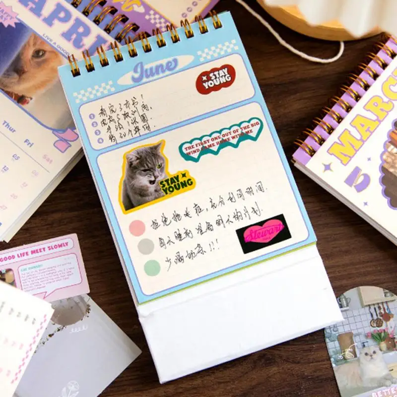 ปฏิทินแมวรายเดือนปฏิทินตั้งโต๊ะที่ไม่ซ้ำกันโต๊ะที่สร้างสรรค์ปฏิทินที่มีสติกเกอร์รูปแมวยืนขึ้นปฏิทิน12รายเดือน